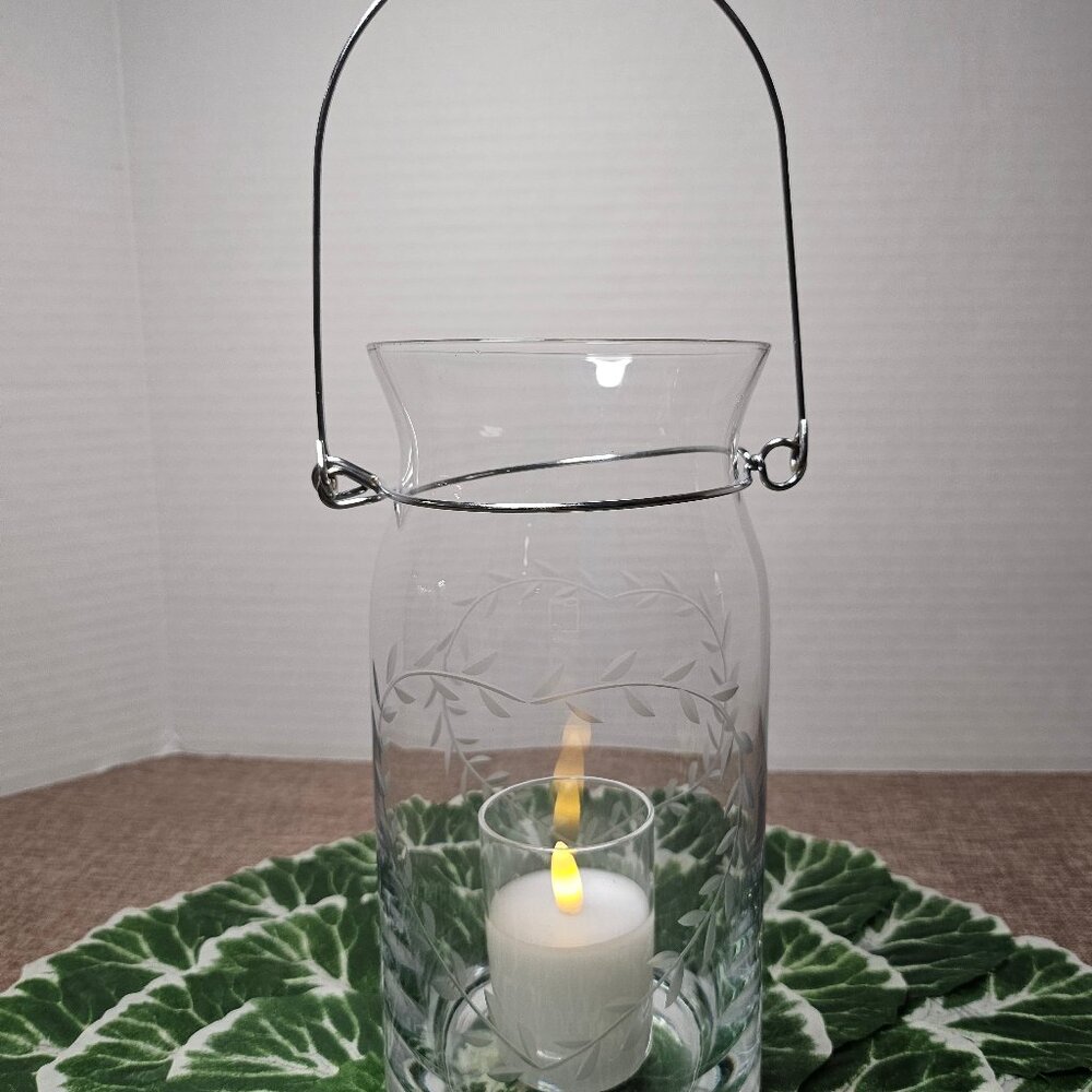 Clear Crystal Heart Etched Hurricane Lantern With Silver Metal Swivel Handle